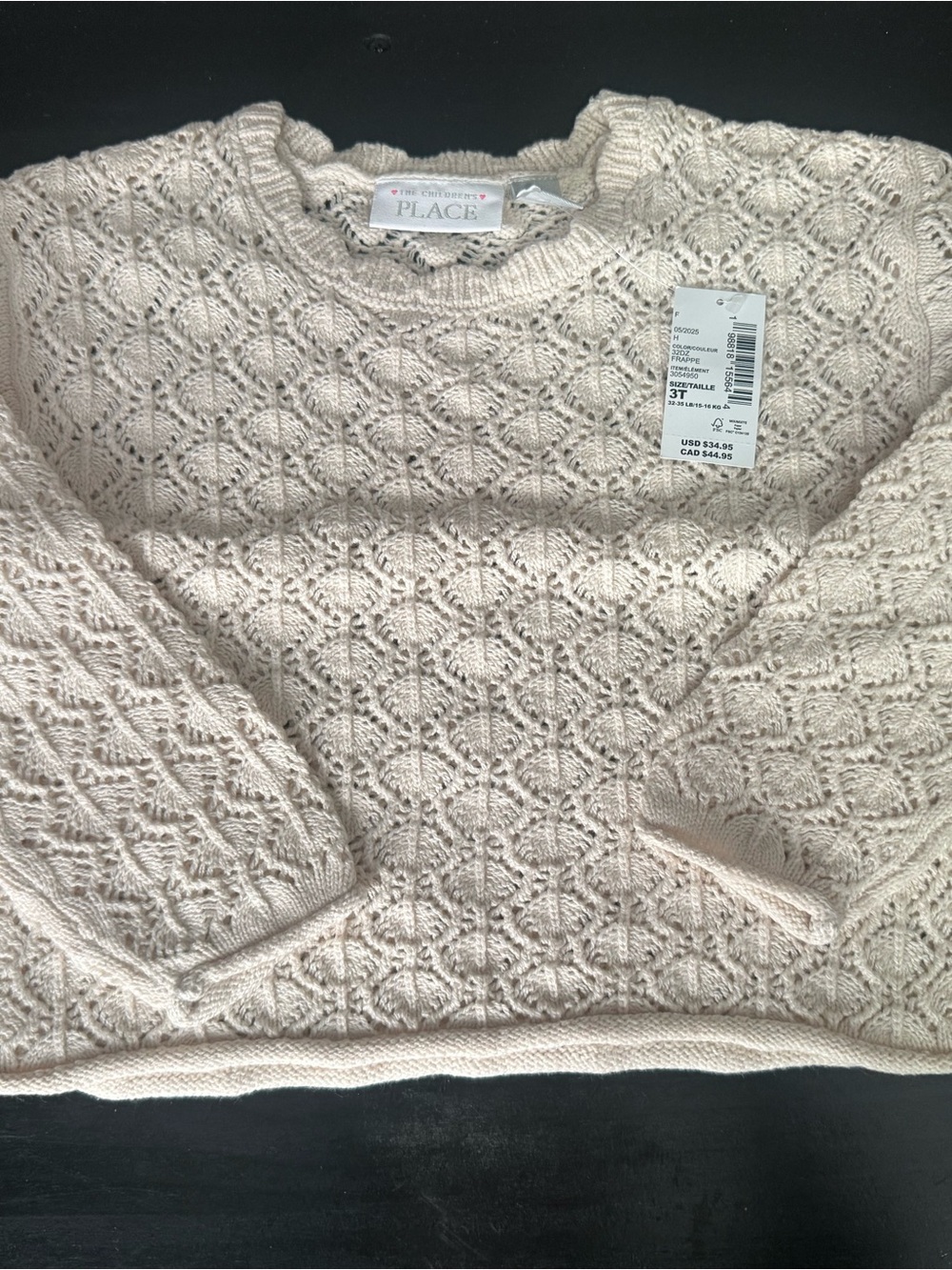 The Children's Place Cream Cable Knit Crewneck Sweater 3T